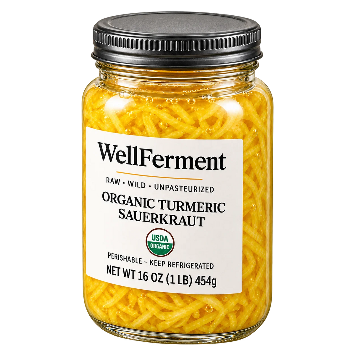 Turmeric Sauerkraut — jar at an angle